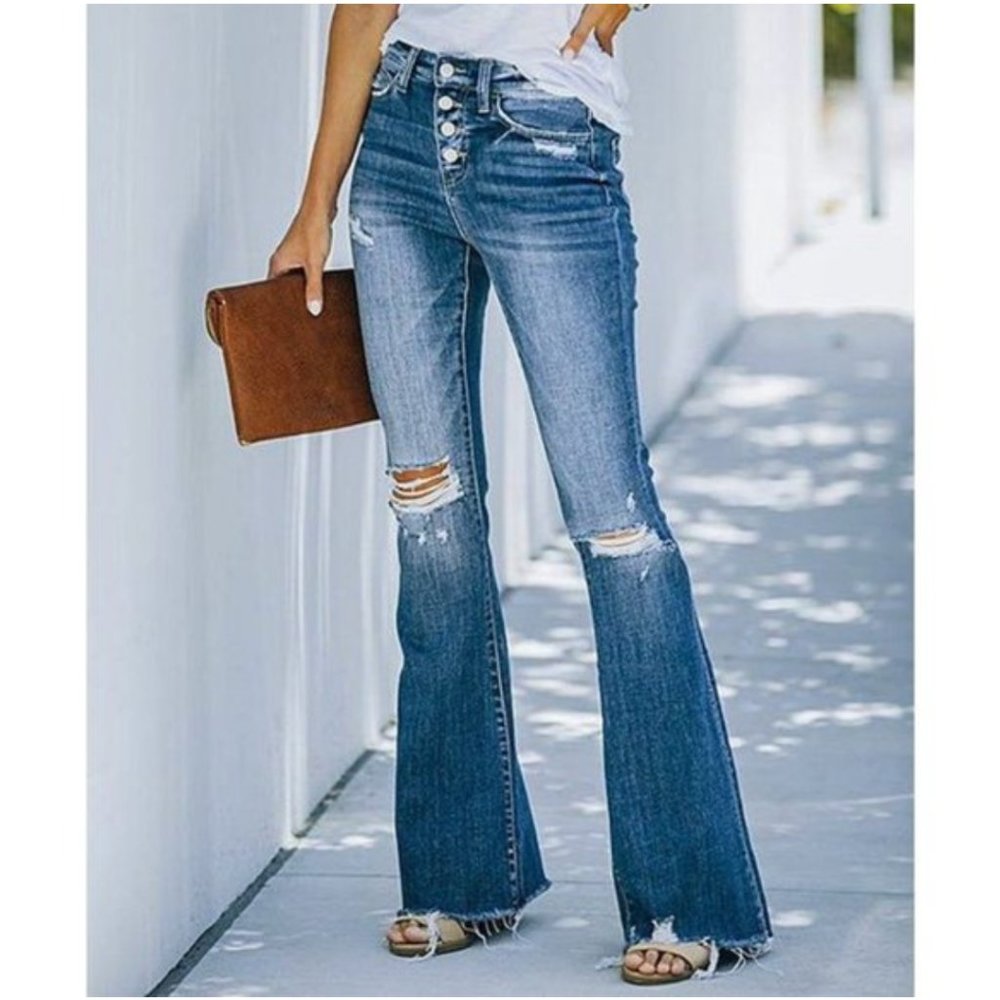 blue denim ripped flare jeans